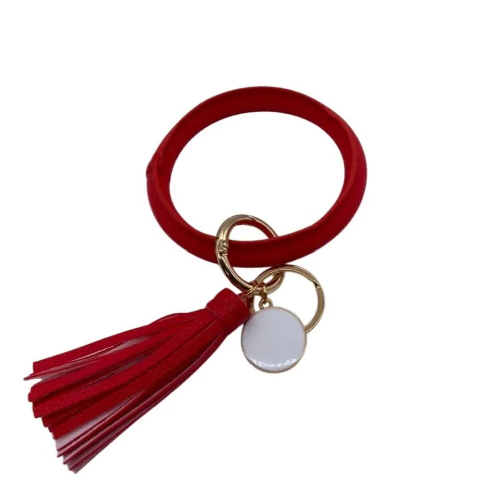 Leather‎ Tassel Bangle Keychain Red With Gold Tone Charms & Rings Wrislet